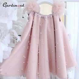 puffy ball gown dresses UK - Puffy Aline Satin Loosen Kids Ball Gown Dress Girl Satin Pearls First Communion Dresses Baby Little Bride Flower Girl Dresses 2021