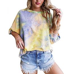 Summer Women Tie-dye Three-quarter Sleeve Casual T-shirt Loose Print Mid-length Ladies Pleated Clothes Oversized T Shirt 210608