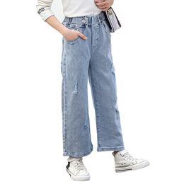 Teen Girls Jeans Fashion Holes Wide leg pants for Teenage 8 10 12 years New Spring Fall Children Outfit 210317