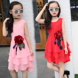 Kids 2021 new summer big flower chiffon girl dress sleeveless solid Colour dress 3 4 5 6 7 8 9 10 11 12 years baby girl clothes Q0716