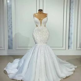 plus size dresses champagne color UK - Luxurious Beading Lace Mermaid Wedding Dresses Bridal Gowns Spaghetti V Neck Sweep Train EE 2022