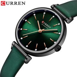 CURREN Women's Watches TOP Brand Luxury Quartz Wristwatch with Leather Shiny s dial Green Clock Female 210616