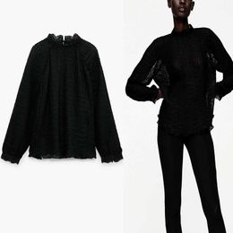 Za Transparent Lace Applique Dot Blouse Women Long Puff Sleeve Turtleneck Sexy Black Top Female Fashion Back Opening Shirt 210602
