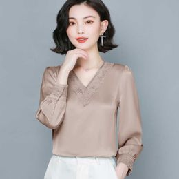 Korean Silk Women Blouses Shirt Woman Satin Blouse Tops Long Sleeve Embroidery V-neck Hollow Out 210531