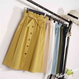Summer Autumn Skirts Midi Knee Length Korean Elegant Button High Waist Skirt Female Pleated School Skirt 210730