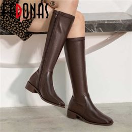 High Quality Knee Boots For Women Genuine Leather Thick Heels Shoes Woman Working Basic Winter 210528