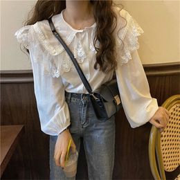 Alien Kitty Office Lady Fairy Peter Pan Collar Basic Blouses Chic All Match Lace Chiffon Puff Sleeves Casual Female Shirts 210226