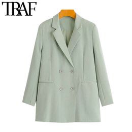 TRAF Women Fashion Office Wear Double Breasted Blazer Coat Vintage Long Sleeve Pockets Female Outerwear Chic Tops 211019