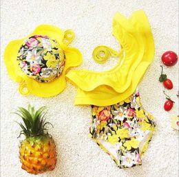 Vintage baby girl ruffles straps swimsuit children triangle flower pattern swimwear +cap set 3pcs/lot 210529
