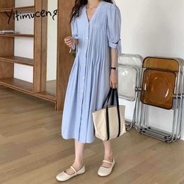 Yitimuceng Midi Dresses for Women Ruched Lace Up Puff Sleeve High Waist Unicolor White Blue Sundress Summer Fashion Dress 210601