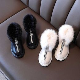 Children Shoes for Girl Kids Fashion Martin Boots Korean Winter Platform Warm Leather Solid Black Little 211227