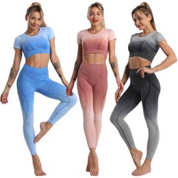 2 Piece Set Gradient Colours Women Workout Outfit Seamless Leggings Pants and Crop Top Yoga Set