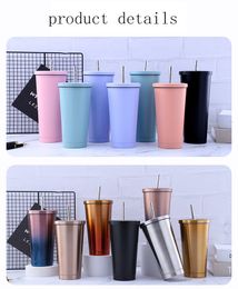 17OZ double-layer fashion stainless steel straw Mugs for adults and children vacuum coffee cup candy Colour gradient ice tyrant large capacity Thermos cups