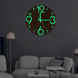 luminous modern watches Australia - Wall Clocks Wooden Clock Luminous Number Hanging Quiet Dark Glowing Modern Watches Decoration For Living Room