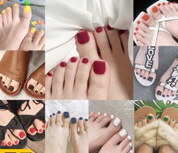 toe nail polish art UK - French False Nails Pedicure 3D Toe nails Decals Pure Colors false nail polish Nail Art 24pcs pack DIY Removable Fashion Lady Nail Art Tips For Foot
