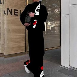 Women Sexy Two Piece Set Retro Turtleneck Hooded Sweatshirt Pullover + Wide Leg Pants Outfits Autumn Winter Pattern Printed Suit 211105