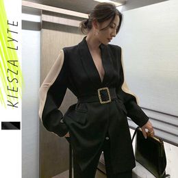 Women Blazer Feminino Metal Gold Buckle Belt Black Blazers Femme Fashion Ladies Jacket Coat Outwear Mujer High Quality 210608