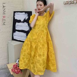 Abito lungo giallo con scollo quadrato da donna Abiti con maniche a bolle Abiti larghi Lady Fashion Summer Arrivals 2H061 210526