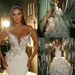 Gorgeous Cascading Ruffles Mermaid Wedding Dresses Bridal Gowns 2021 Crystal Beaded Sweetheart Vintage Country Africa robe de mariée