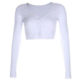 Women's T-Shirt Women Sexy Long Sleeve Ribbed Slim Crop Top V-Neck Off Shoulder Buttons F42F