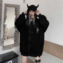 Gothic Sweatshirt Women Autumn Winter Fashion Punk Hoodies Long Sleeve Cotton Zip Up Hoodie Black Pullover Women's Polerones 210712