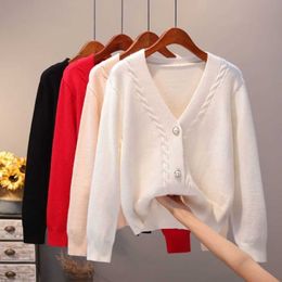 Sweater Cardigan Women Autumn Winter V Neck Pearl Single Breasted Loose Short Thicken Sweet Long Sleeve Knitting Top 210805