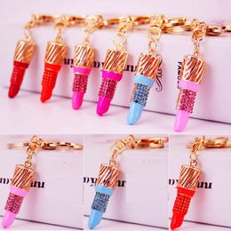 Bling Bling crystal lipstick Keychains alloy Material Lipstick shape keychain Metal Key Ring Exquisite fashion Small Gifts Unisex