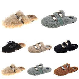 Newly autumn winter womens slippers metal chain all inclusive wool slipper for women outer black grey wear plus big szie Muller half drag shoes