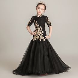 Black Mermaid Flower Girl For Wedding Gold Lace Appliqued Little Girls Dresses Party First Holy Communion Gown Baby Pageant Dress 403