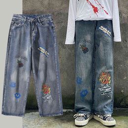 Винтаж мультфильм граффити граффитические джинсы мужчины свободные джинсовые брюки уличные одежды прямые брюки хип-хоп женщины Harajuku стиль досуг G0104