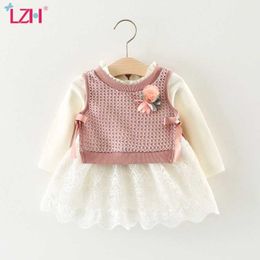 LZH 2021 Autumn Spring Cute Baby girls dress Knitt jacket+dress 2pcs set Infant Baby Newborn Cotton Princess dress 0 1 2 3 Year Q0716