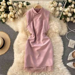 Women Fashion Retro Cheongsam Improved A-line Dress Stand Collar Sleeveless Slim Sexy Solid Color Vestidos R341 210527