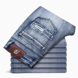 Quality Slim Jeans Men Classical Fashion Elasticity Denim Pants Light Blue Washed Brand Casual Trousers Male Plus Size 40-46 210317