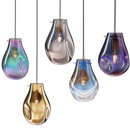 Modern Colourful Glass Pendant Lamps E27 Single Light Chandelier Irregularly Shape Dining Room Lighting Fixture D.20 x H.30cm