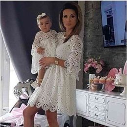 Spring White Mom Daughter Matching Dresses Three Quarter Sleeve Long Dress Mommy and Me Lace Outfits Family Clothing 210922