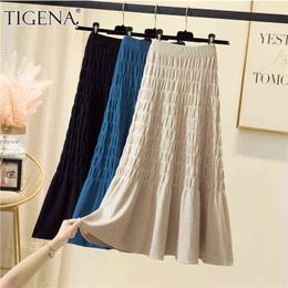 TIGENA High Waist Knitted Skirt for Women Autumn Winter Casual Solid A Line Pleated Mid-length Skirt Female Ladies 211120