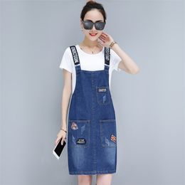 M-3XL Young Girl's Denim Strap Skirt Summer New Loose Jeans Camisole Skirt Women Cotton Overalls Skirts Female Plus Size 210310