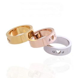 Europe America Fashion Lady Women Titanium Steel Engraved Letter 18K Gold Plated Hollow out Heart Settings Diamond Ring Rings 3 Color Size US6-US9