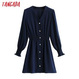 Tangada Fashion Women Solid Chiffon Dress Arrival Long Sleeve Ladies V Neck Strethy Waist Mini Dress Vestidos 1F106 210609