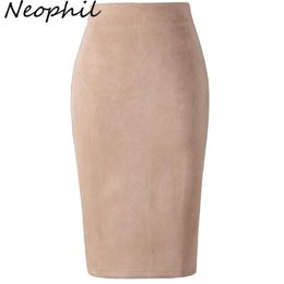 Neophil Winter Women Suede Midi Pencil Skirt High Waist Grey Pink XXL Sexy Style Stretch Wrap Ladies Office Work Saia S1009 210310