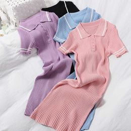 Knitted Women Dress Harajuku Preppy Style Turn-Down Collar Short Sleeve Bodycon Mini Summer Female Dresses Vestidos W131 210526