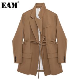 [EAM] Women Vintage Bandage Brown Blazer Notched Long Sleeve Loose Fit Jacket Fashion Spring Autumn 1DD4708 211006