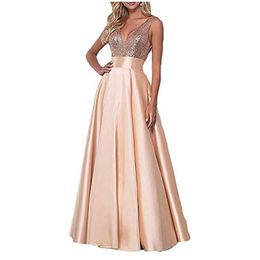 Sexy Backless Satin Formal Evening Dresses 2021 Deep V-Neck Sequined A-line Plus Size Cocktail Prom Party Gowns 02