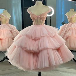 Pink Tea Length Tutu Ball Gown Prom Dresses Off The Shoulder Beadings Tulle Evening Dress Lace Up Back Formal Pageant Gowns Party Wear Custom Made