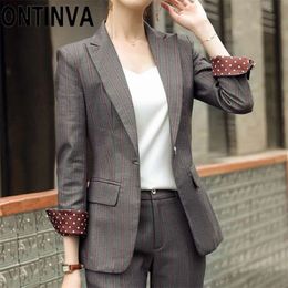 Grey Green Pink Stripe Blazer Two Piece Set Women Office Business Suits Outwear and Full Length Pants Plus Size Autumn Winter 210927