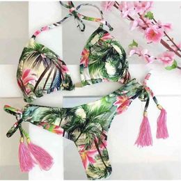 Sexy Floral Print Swimsuit 2 Pieces Swimear Women Micro Bikini Thong Swimming Suit Bathing String Padded 210722