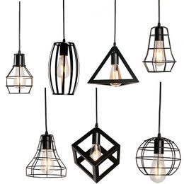 Pendant Lamps Type Modern Black Cage Lights Iron Minimalist Retro Nordic Loft Pyramid Lamp Metal Hanging E27 IndoorPendant