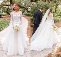 Elegant Lace Wedding Dresses Bridal Gown A Line Long Sleeves Scalloped Sweep Train Off the Shoulder Custom Made vestidos de novia 2022