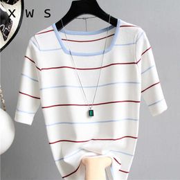 summer Knitted Women Sweater short Sleeves Loose casual Jumper Top square collar Female Sweater striped thin sweater oversize 210604