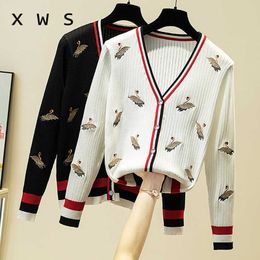 Women Fall Sweater and Cardigans Chic Embroidery V neck Colourful Button Up Knit Jackets Korean Sweater Coat Autumn Out Tops 210604